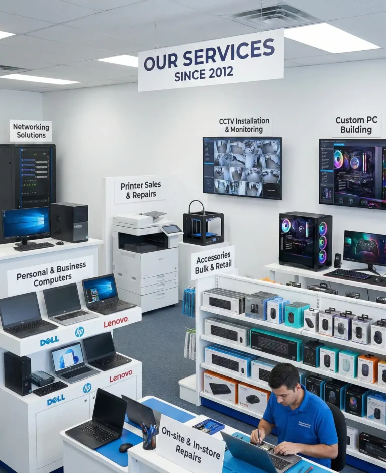 A wide-angle photograph of a comprehensive IT service center interior, featuring signs for various offerings. A banner hangs from the ceiling reading "OUR SERVICES SINCE 2012". Below it are designated areas with labels: "Networking Solutions" with server racks, "Printer Sales & Repairs" with a large photocopier, "CCTV Installation & Monitoring" showing live feeds on monitors, "Custom PC Building" displaying a gaming rig, "Personal & Business Computers" with laptops from Dell, HP, and Lenovo, and "Accessories Bulk & Retail" with shelves of products. In the foreground, a technician in a blue shirt is repairing a laptop at a station labeled "On-site & In-store Repairs".