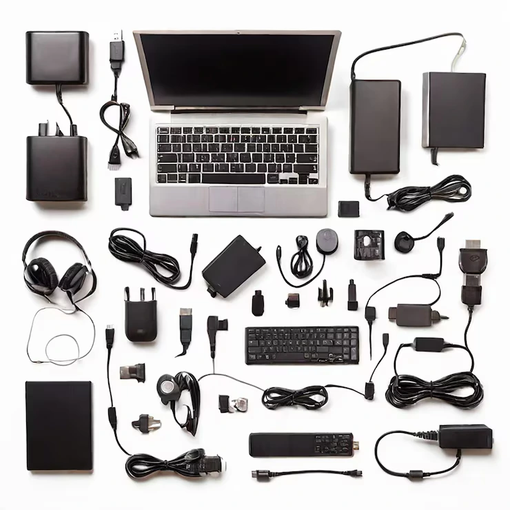 Lot of Computer accesories diplaying in a white background